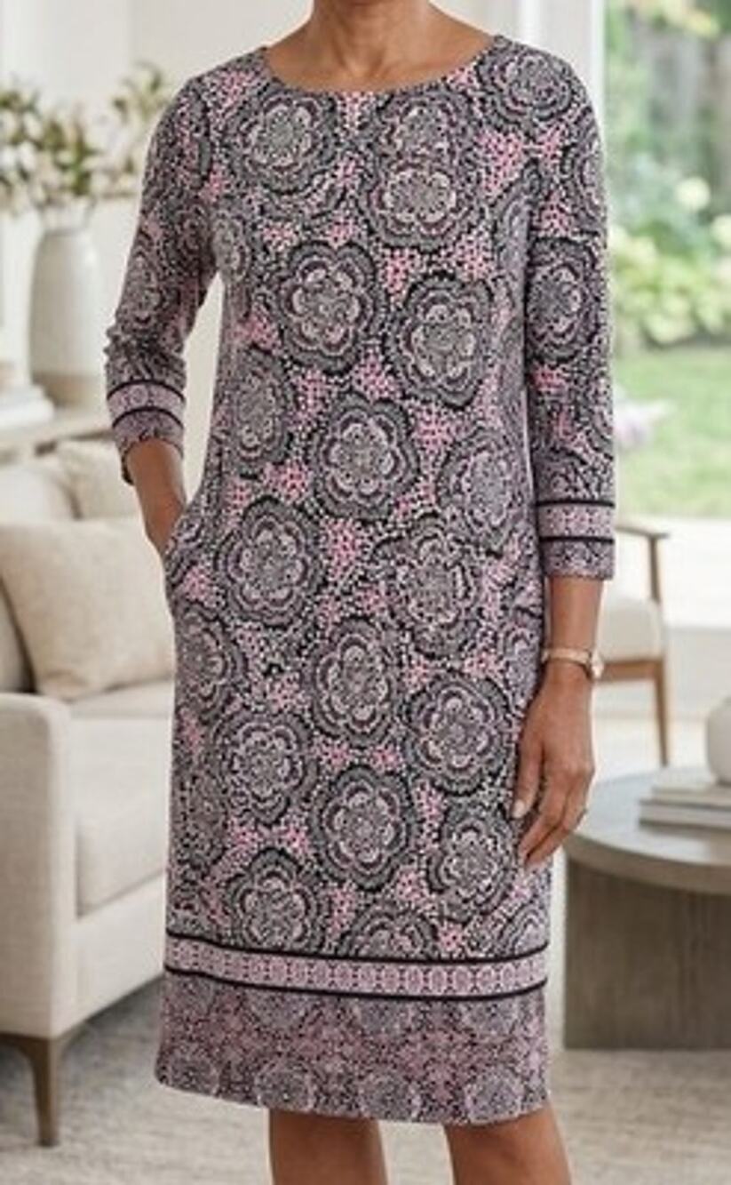 Chico's Dress Womens Pink Black Mandala 3/4 Sleeve Stretch Classic Size large